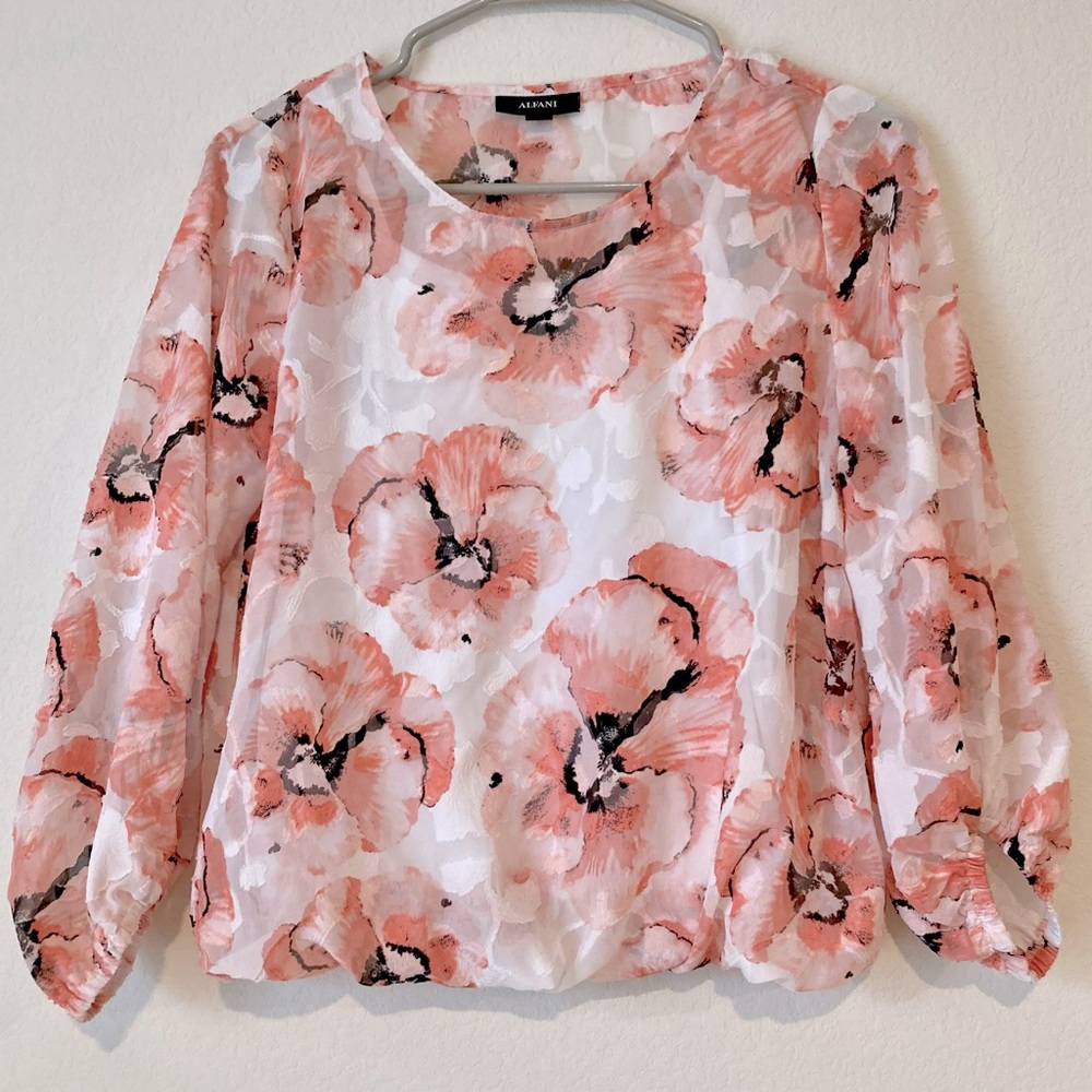 Alfani Womens Printed Bubble-Hem Pink Hazy 3/4 Sleeve Top